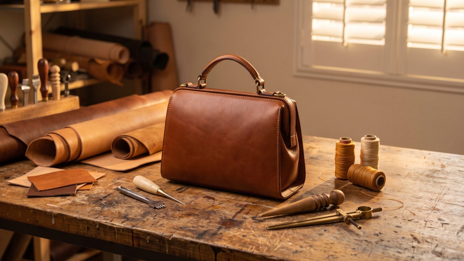 Brown full-grain Italian leather handbag on a workshop bench with traditional leather crafting tools and hides