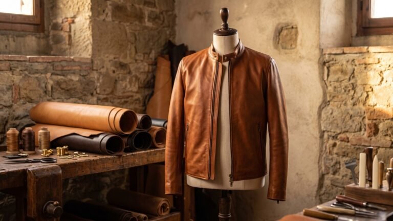 Brown Italian leather jacket displayed on a mannequin bust in a rustic artisan leather workshop
