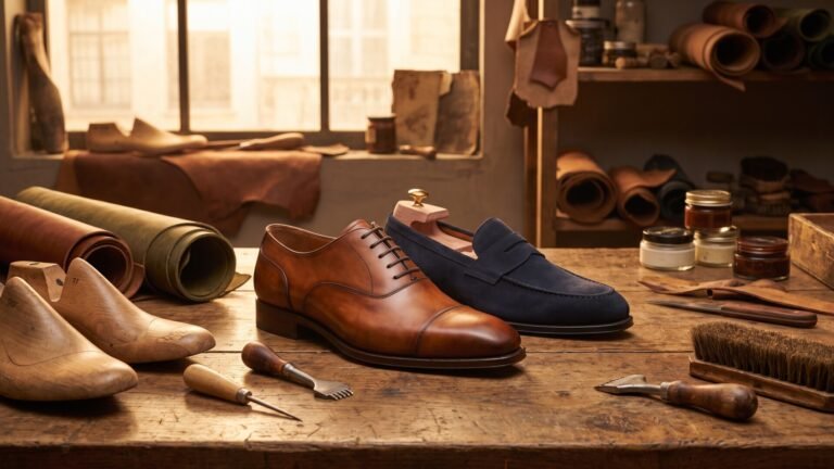 Handcrafted brown leather oxford and navy suede loafer on a cobbler's workbench with shoemaking tools
