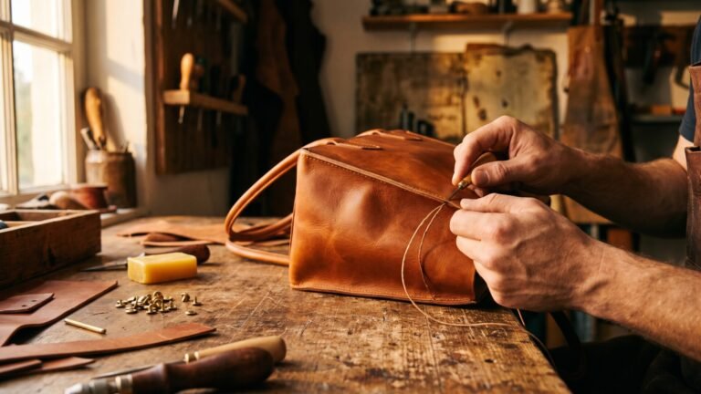 Artisan hand-stitching a durable vegetable-tanned Italian leather bag at a wooden workshop bench