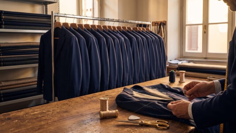Tailor hand-stitching a bespoke suit jacket at a wooden workbench in front of a rack of identical suits