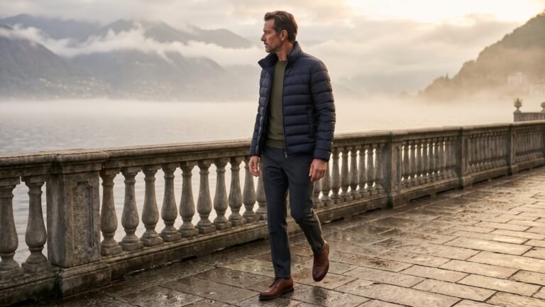 Man wearing a navy Herno down jacket walking along a misty northern Italian lakeside promenade