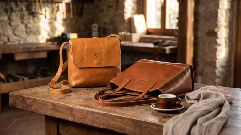 Handcrafted Il Bisonte vegetable-tanned leather bags resting on a rustic workbench in an Italian workshop