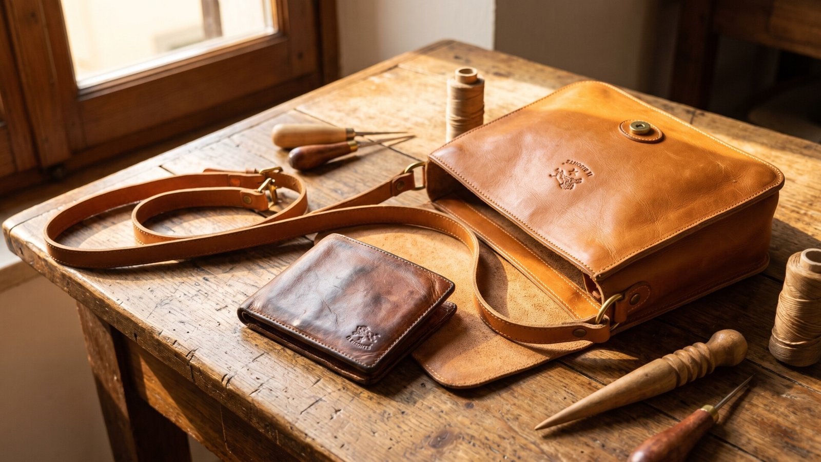 Il Bisonte leather crossbody bag and wallet displayed on a wooden workbench with leathercraft tools