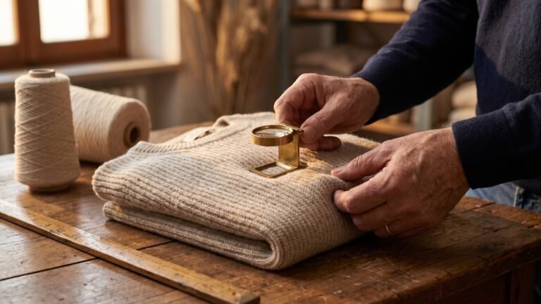 Artisan using a brass magnifying glass to inspect the knit density of a folded cashmere sweater