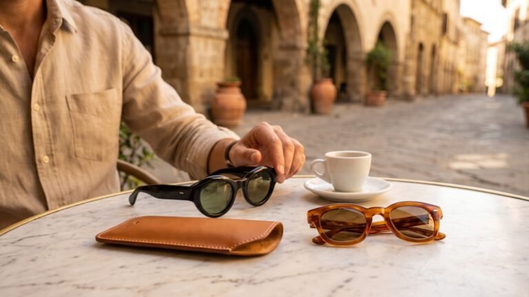 Black and amber acetate sunglasses on a marble café table with an espresso in an Italian piazza