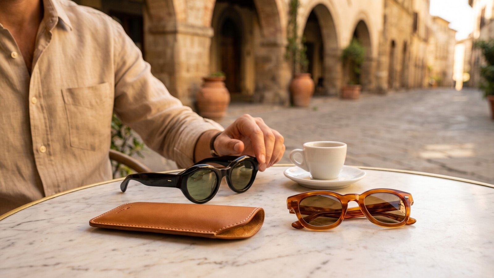 Black and amber acetate sunglasses on a marble café table with an espresso in an Italian piazza
