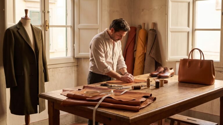 Italian craftsman working with leather at a wooden workbench alongside tailored garments and accessories