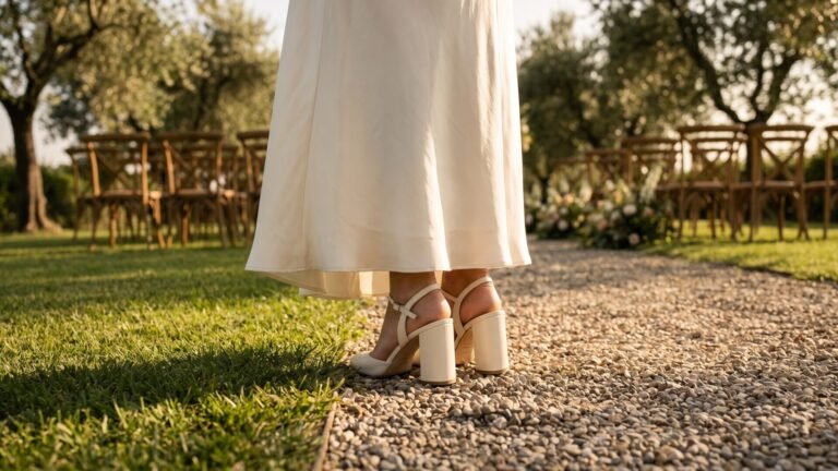 Bride wearing white block heel sandals on a gravel path at an outdoor garden ceremony venue