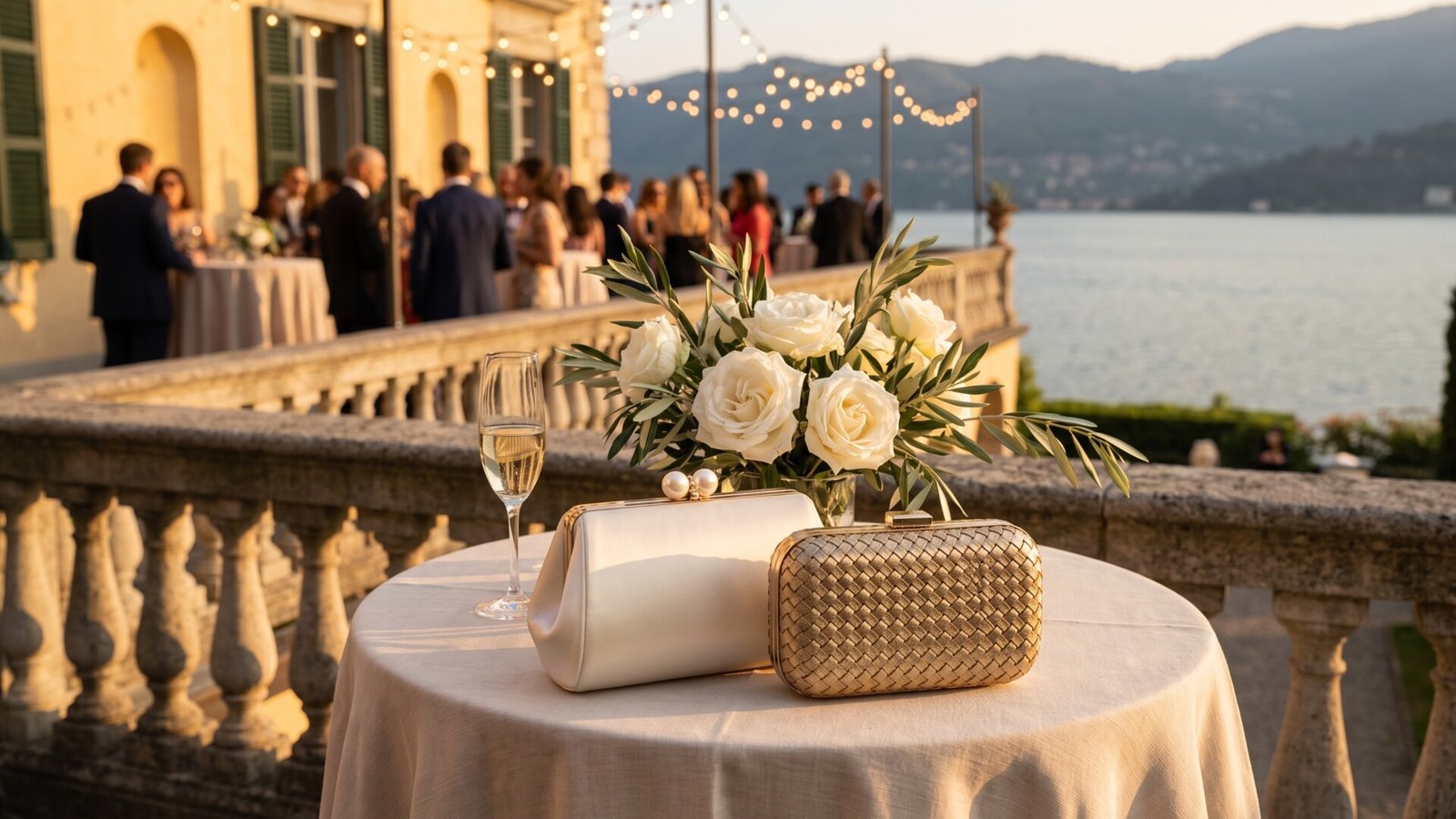 White satin bridal clutch and woven gold evening bag on a terrace table during a lakefront reception