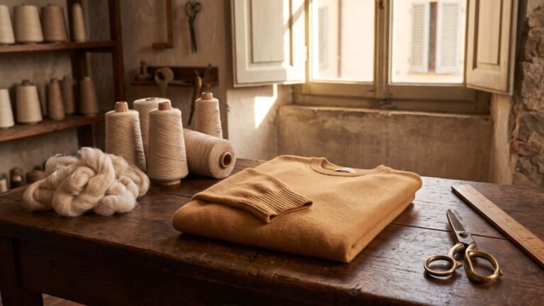 Raw cashmere fiber, yarn cones, and a folded knit sweater arranged on a rustic Italian artisan workbench