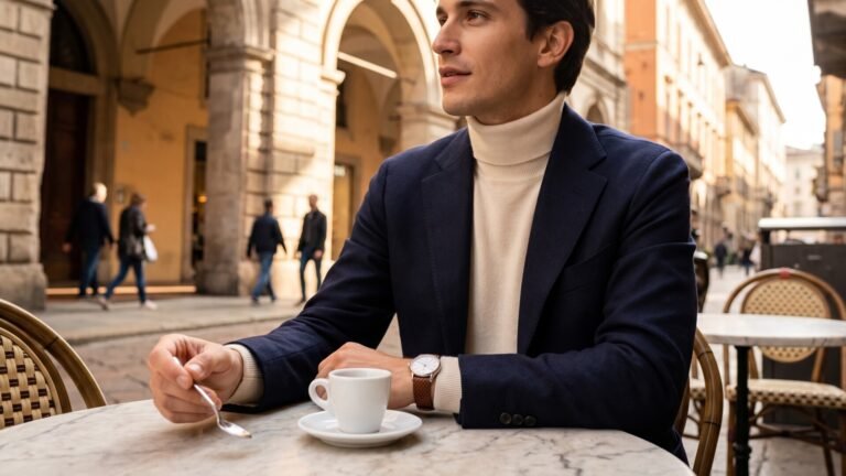 Man at an Italian outdoor cafe wearing a cream cashmere turtleneck layered beneath a navy blazer