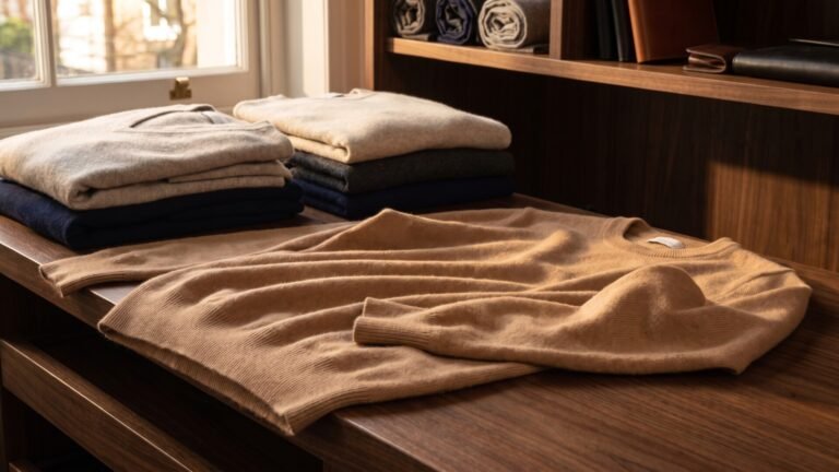 Men's camel Italian cashmere sweater laid out on a polished wooden counter beside neatly folded knitwear
