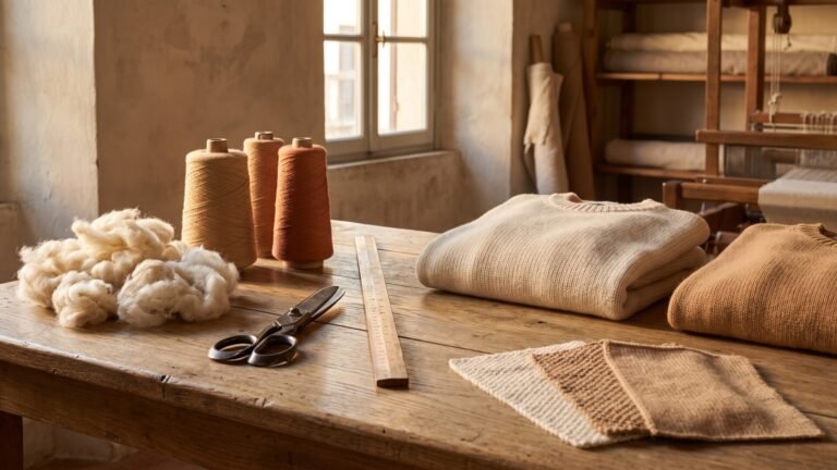 Raw cashmere fleece, spun yarn spools, tailor shears, and folded knit sweaters on an artisan wooden workbench