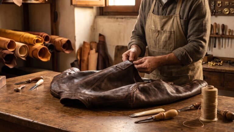 Artisan inspecting the stitching of a durable brown leather jacket on a wooden workshop table