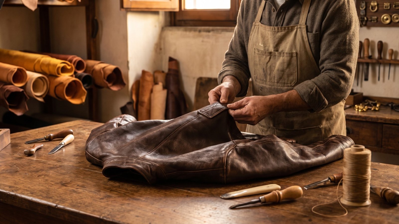 Artisan inspecting the stitching of a durable brown leather jacket on a wooden workshop table