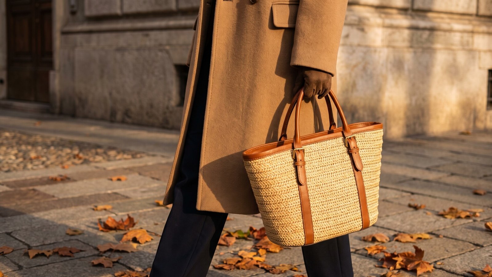 Person in a camel coat carrying a woven straw tote bag with brown leather trim along a street with fallen leaves