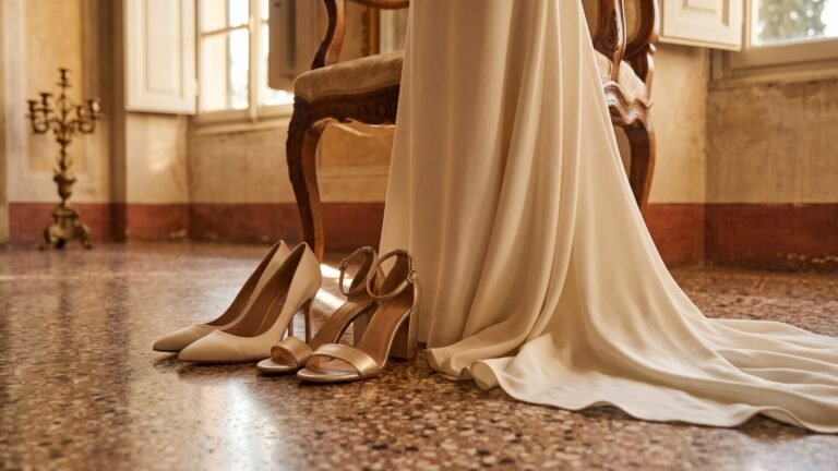 Ivory pointed-toe pumps and metallic block-heel sandals beside a flowing wedding dress on a terrazzo floor