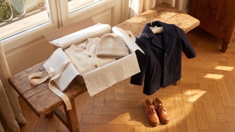 Children's knit cardigan and beanie in an open gift box beside a navy coat and leather shoes on parquet flooring