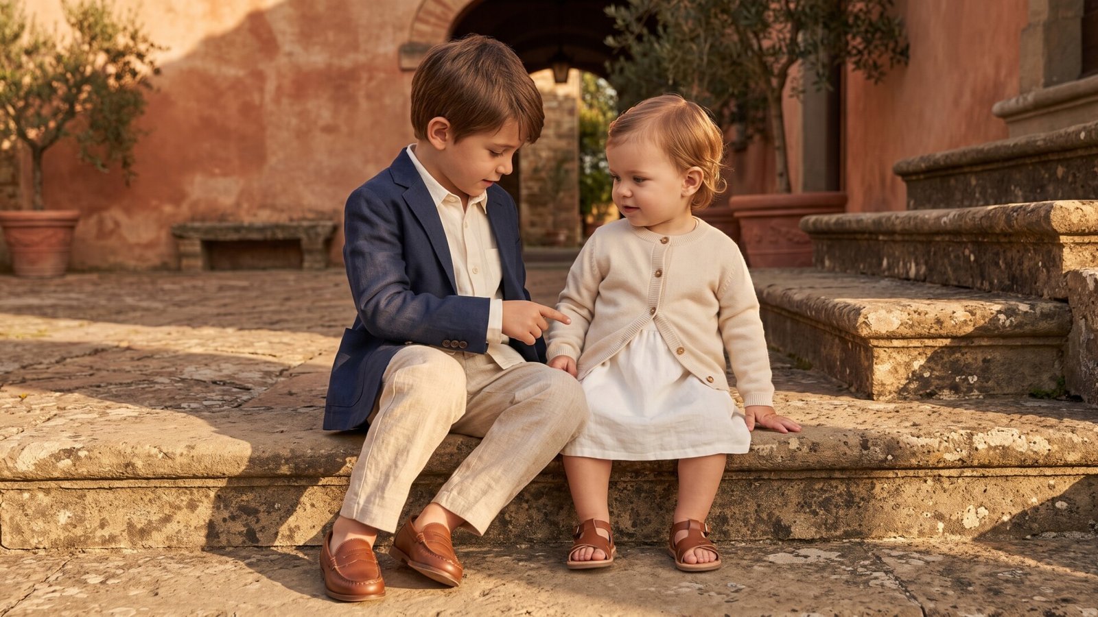 Young boy in a navy blazer and toddler in a white dress sitting on stone steps wearing classic Italian childrenswear
