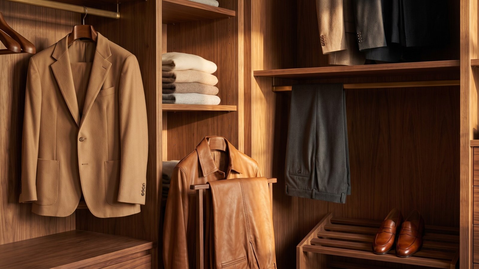 Tailored camel blazer, folded cashmere knitwear, leather jacket, and loafers inside an elegant wooden closet