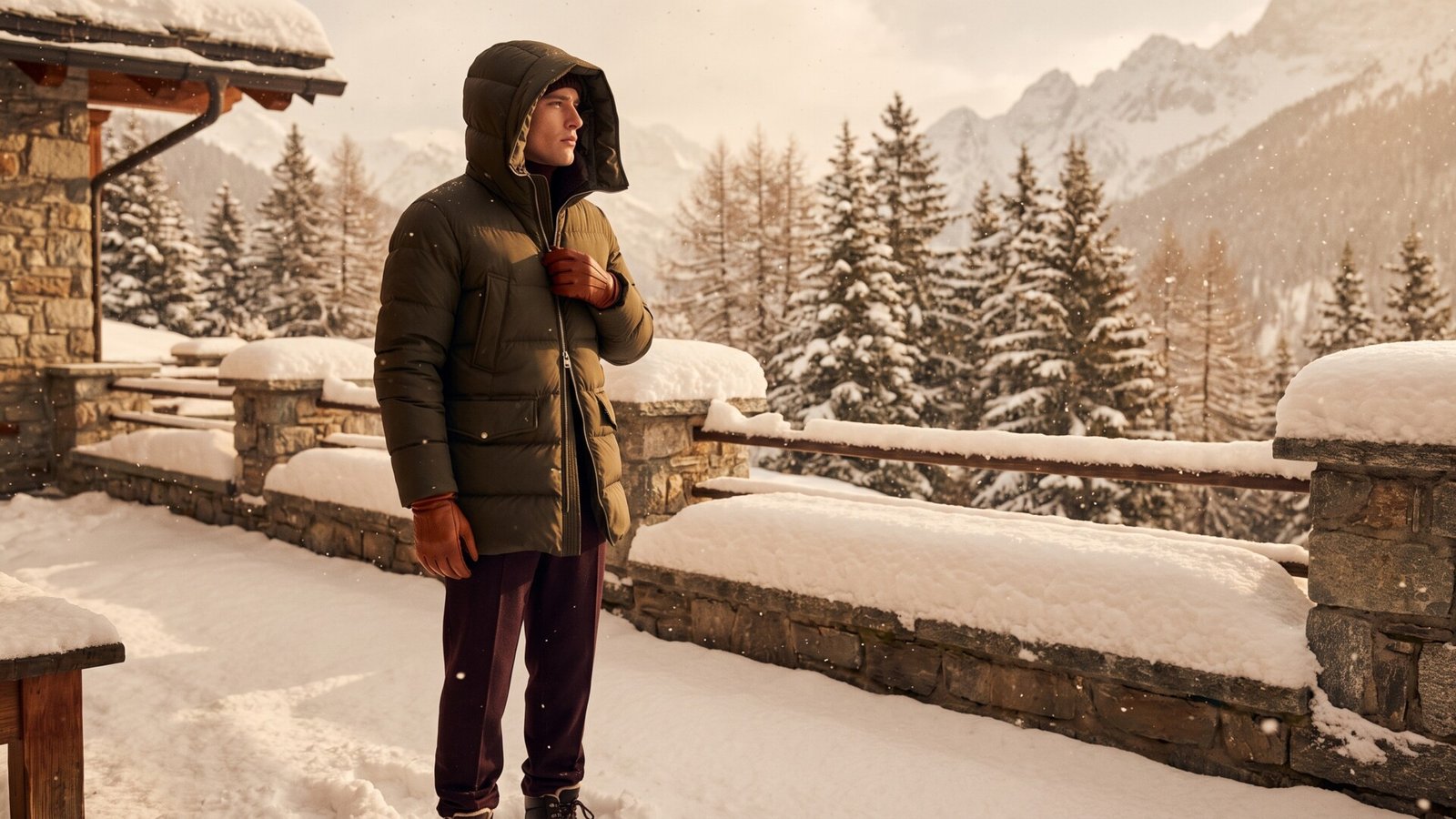 Man wearing an olive green hooded down parka and leather gloves on a snowy alpine terrace