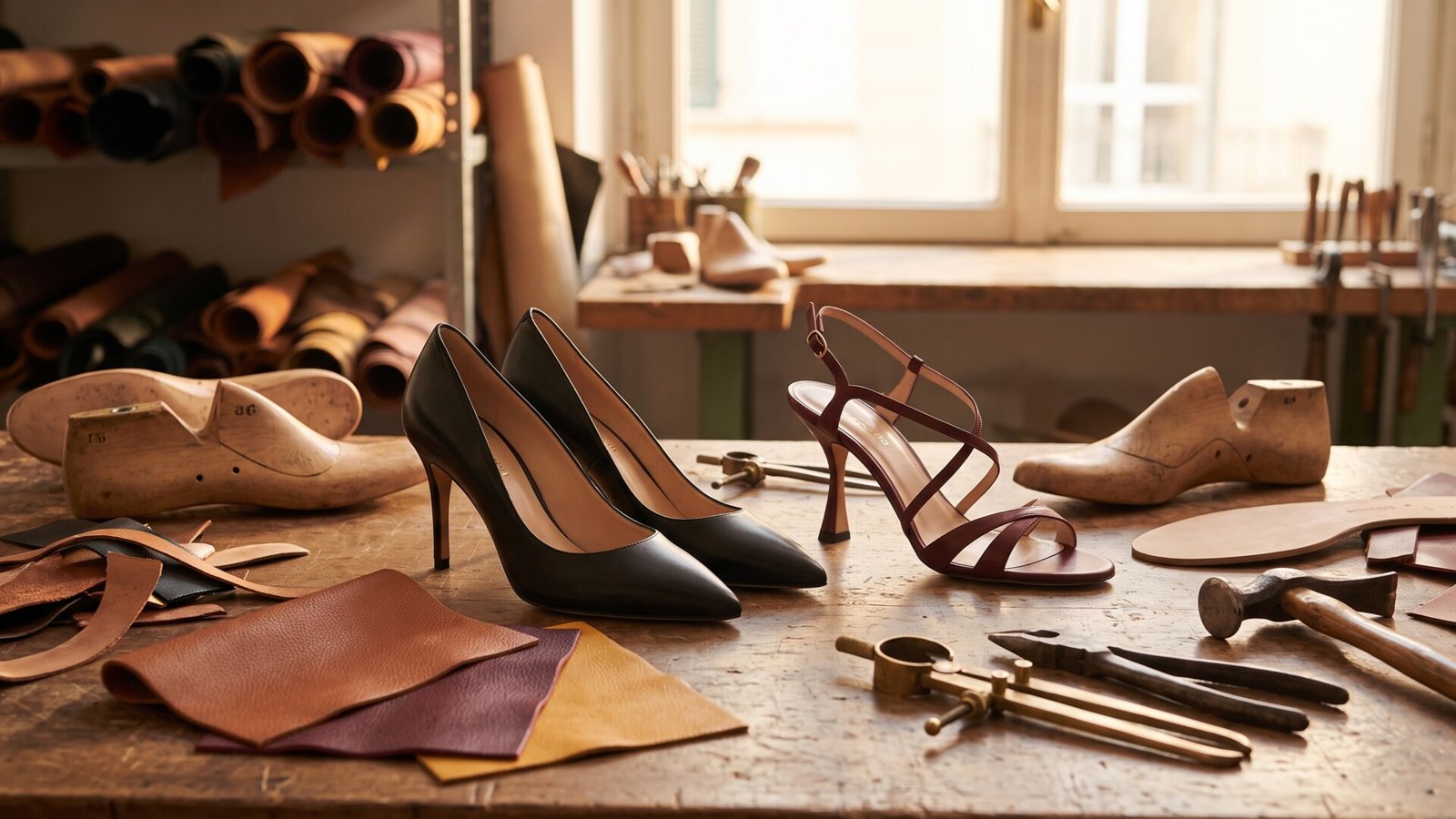Italian designer stiletto pumps and strappy sandals displayed with shoemaking tools and wooden lasts on a workbench