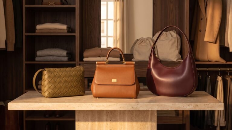 Three Italian designer leather handbags displayed on a marble island in a luxury walk-in closet