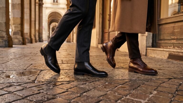 Two men walking on cobblestones wearing polished black Chelsea boots and brown lace-up leather boots