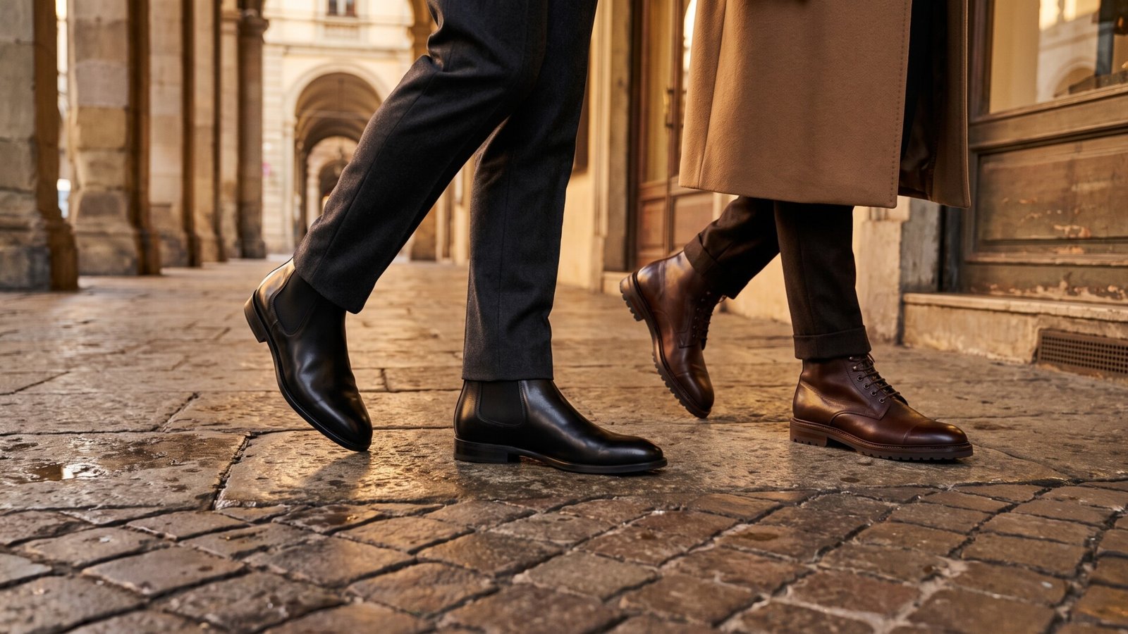 Two men walking on cobblestones wearing polished black Chelsea boots and brown lace-up leather boots