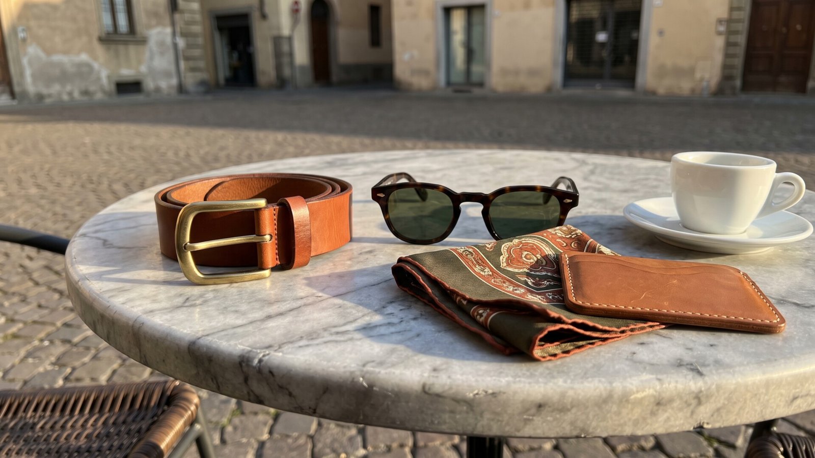 Italian leather belt, sunglasses, silk pocket square, and cardholder on a marble café table beside an espresso