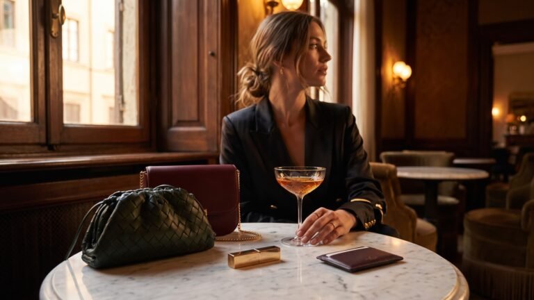 Italian leather mini bags, lipstick, and a cocktail on a marble table next to an elegant woman in a lounge