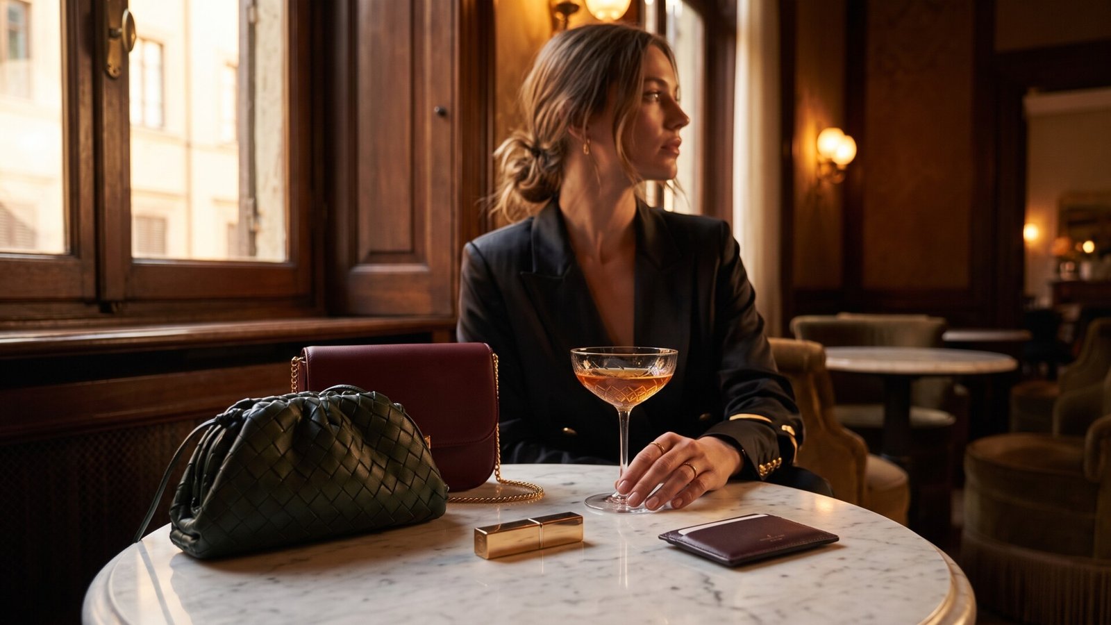 Italian leather mini bags, lipstick, and a cocktail on a marble table next to an elegant woman in a lounge