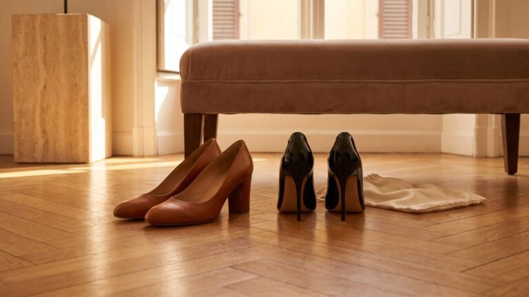 Brown leather block heel pumps next to glossy black stilettos on a herringbone wood floor