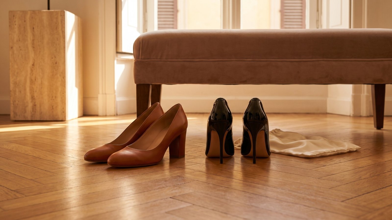 Brown leather block heel pumps next to glossy black stilettos on a herringbone wood floor