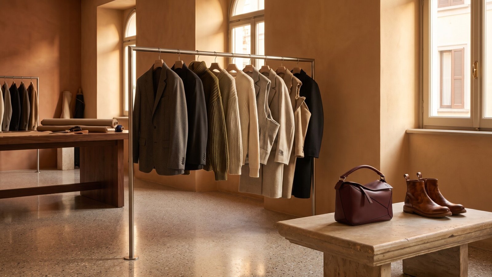 Garments on a rack, leather handbag, and boots in a warm, minimalist Italian fashion showroom