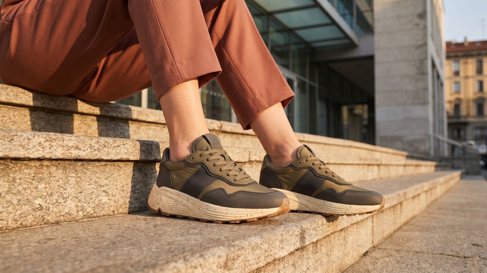 Person wearing green Italian designer sneakers with speckled recycled soles seated on outdoor stone steps