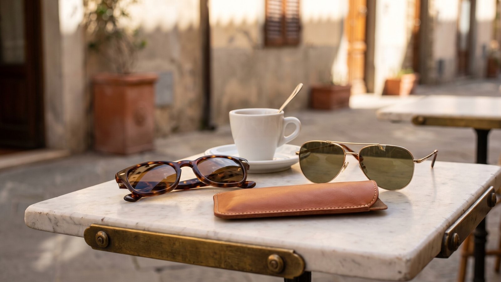Tortoiseshell and aviator sunglasses beside an espresso cup on an outdoor marble café table in Italy
