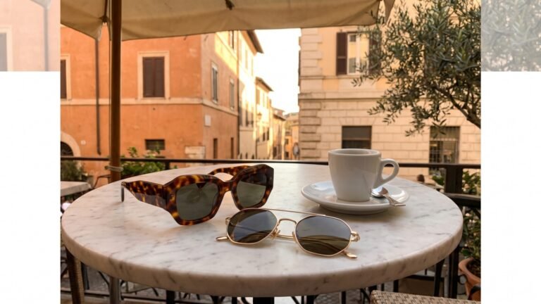 Tortoiseshell and wireframe sunglasses resting on a marble cafe table beside an espresso cup in Italy