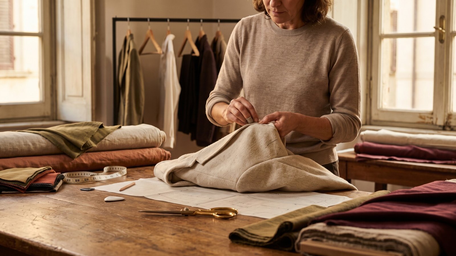 Tailor hand-stitching a sustainable linen jacket on a wooden workbench in an Italian atelier