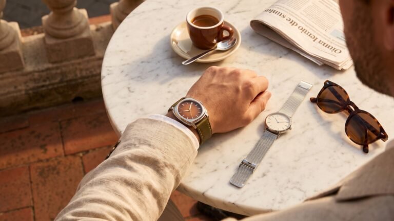 Man wearing an Italian designer watch next to an espresso, newspaper, and mesh strap watch on a marble café table