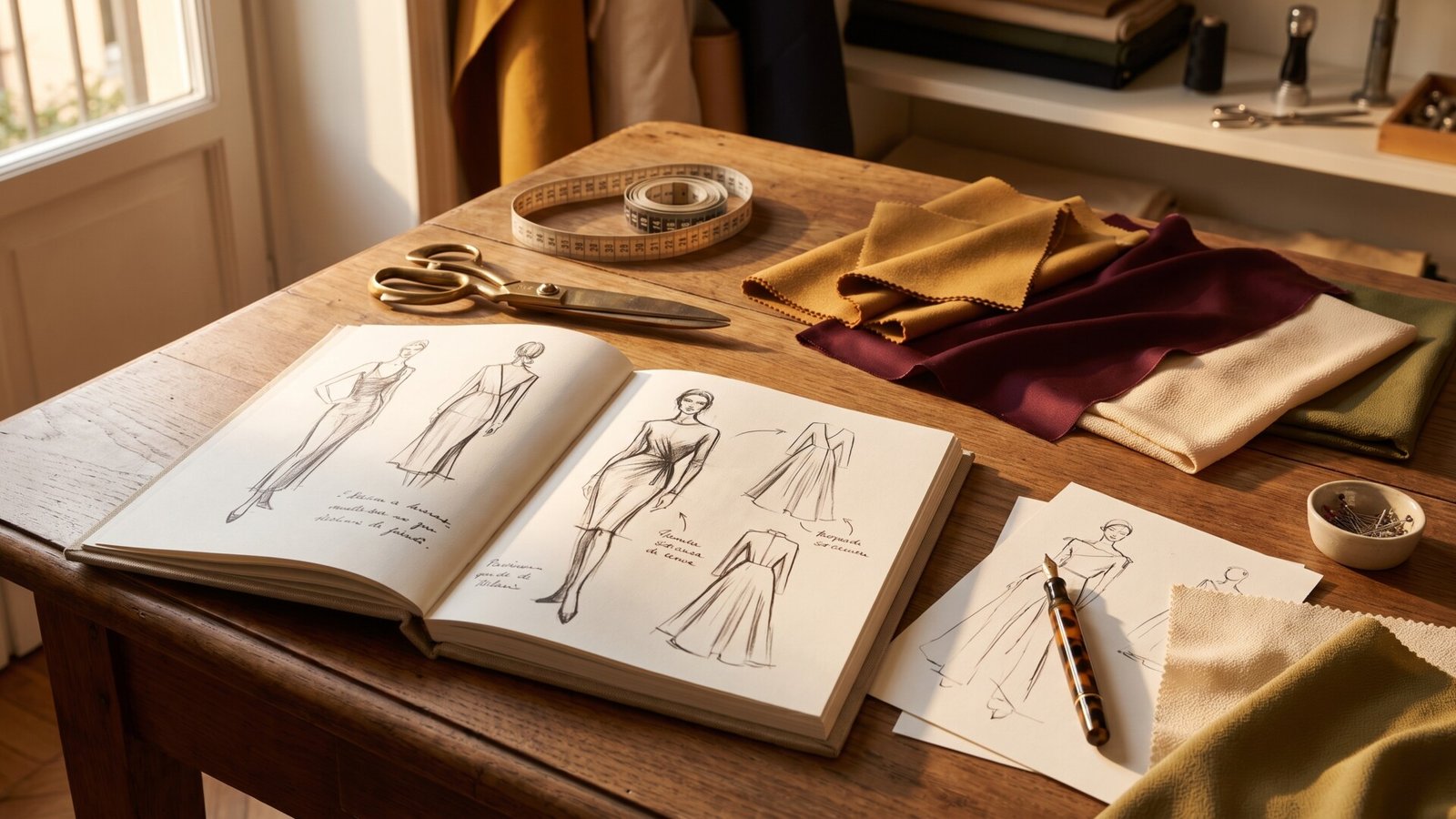 Open fashion sketchbook with dress designs, fabric swatches, and tailoring scissors on a sunlit wooden studio table