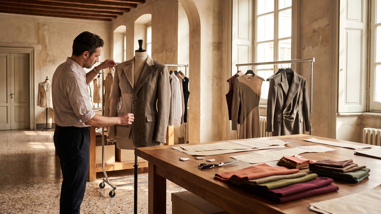 Fashion designer fitting a tailored jacket on a mannequin in a bright Italian design studio with fabric swatches and patterns