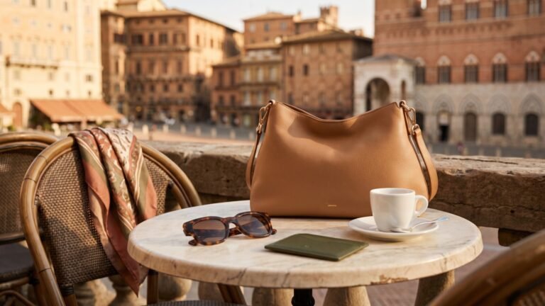 Tan leather handbag, sunglasses, silk scarf, and espresso cup on a marble cafe table overlooking an Italian piazza