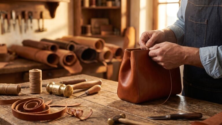 Leather craftsman hand-stitching a brown handbag at a rustic wooden workbench surrounded by traditional tools