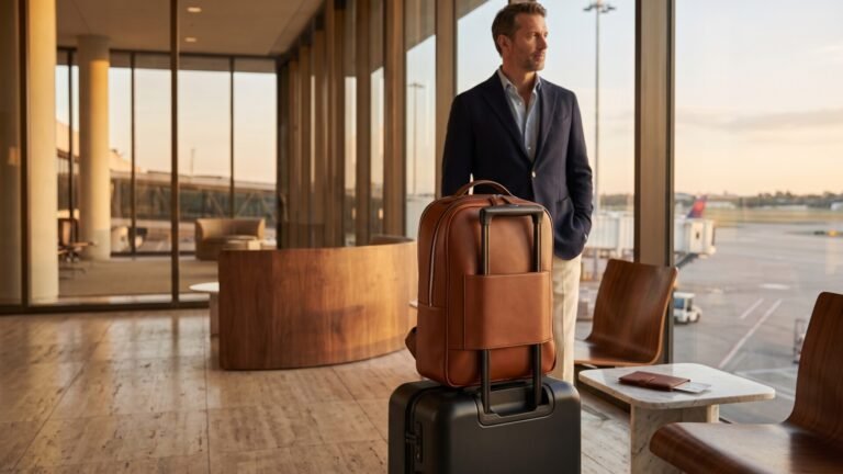 Brown Italian leather backpack mounted on rolling luggage handle beside a businessman in an airport terminal