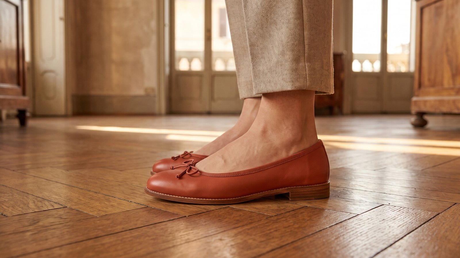 Woman wearing rust-colored leather ballet flats on a parquet floor in a sunlit room