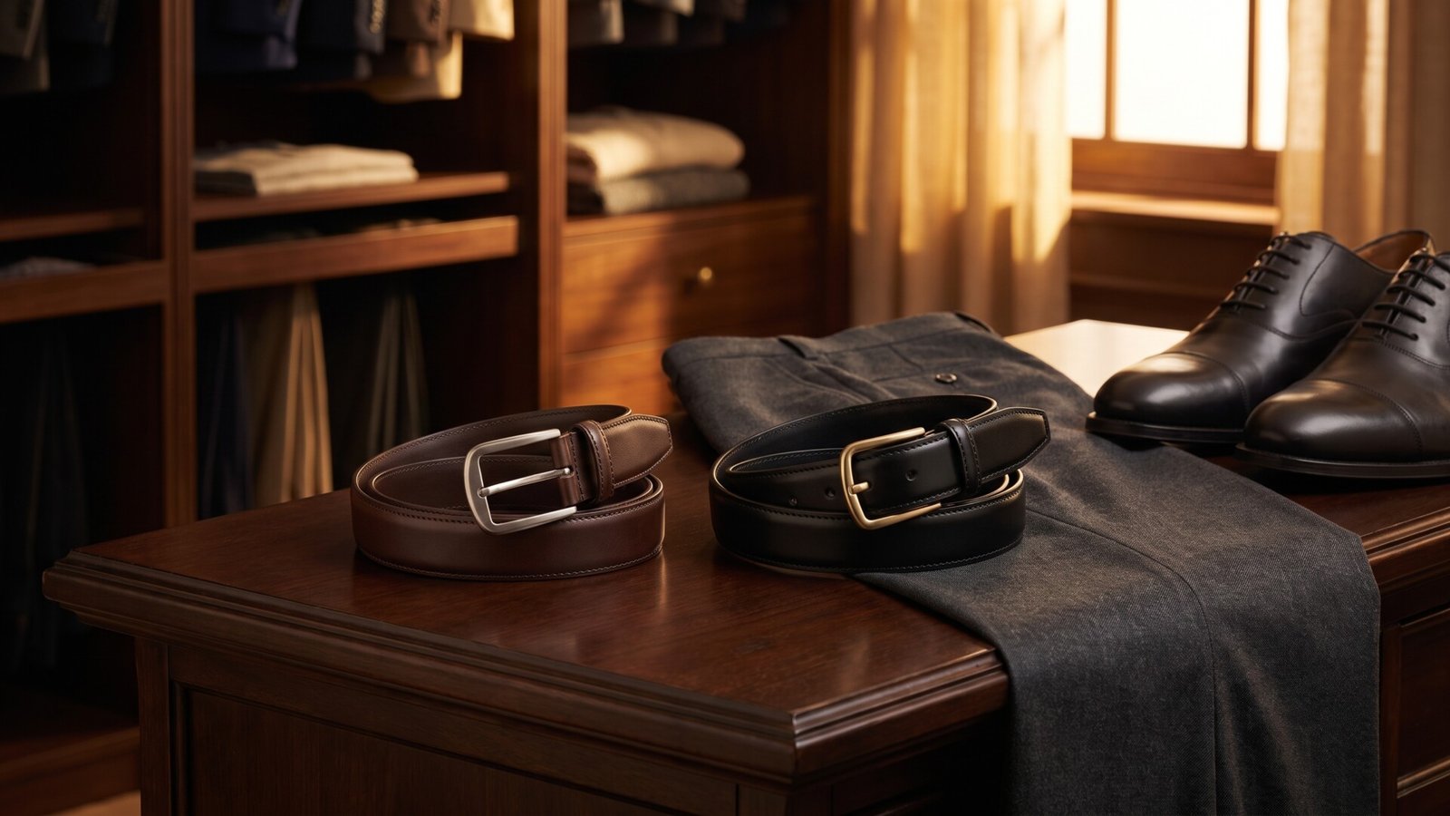Brown and black leather belts on a wooden table beside grey suit trousers and black dress shoes