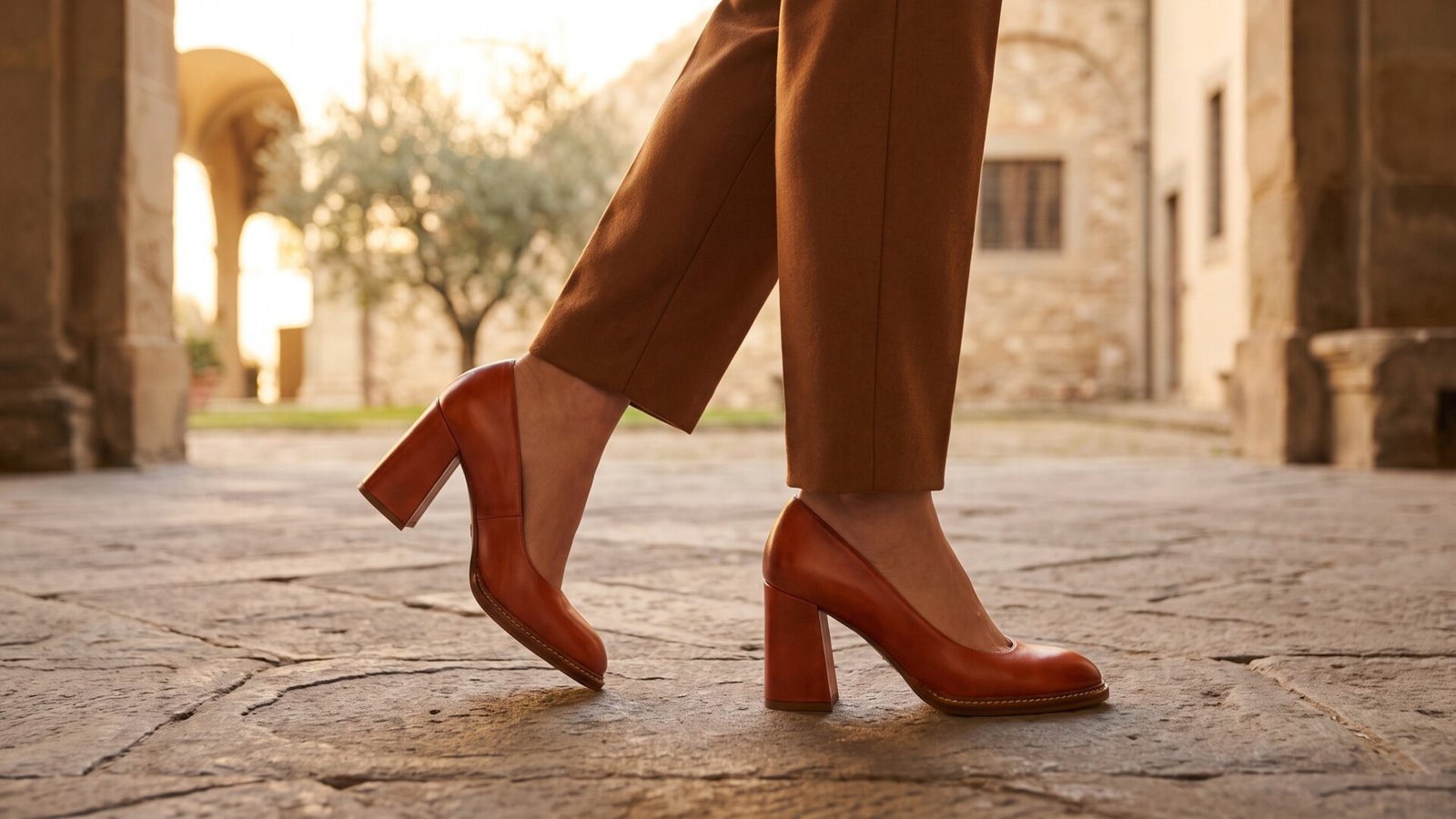 Cognac Italian leather block heel pumps worn on historic stone paving in warm sunlight