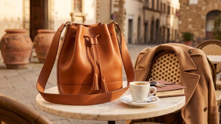 Cognac Italian leather bucket bag sitting upright on an outdoor marble café table next to an espresso cup